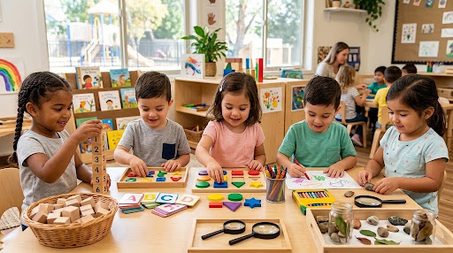 Preschool children exploring literacy, math, art, and nature materials together at a classroom table