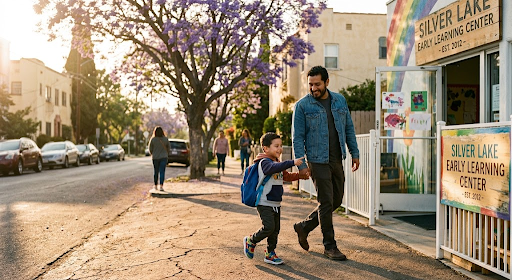 Father and young child walking hand in hand outside an early learning center in Los Angeles
