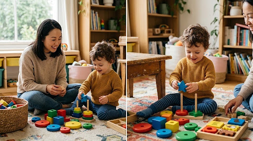 A parent and toddler stacking wooden rings and exploring toys together on the floor