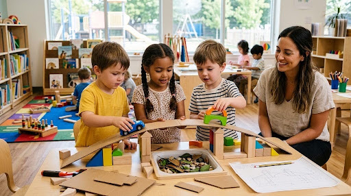 Young children and a teacher building ramps and towers with wooden blocks and cardboard