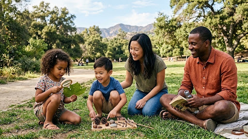 A family exploring leaves, stones, and nature finds together outdoors in a park