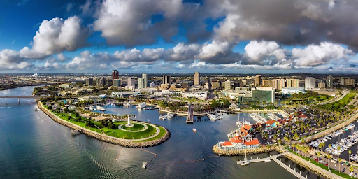 Aerial view of the Long Beach harbor, marina, and skyline
