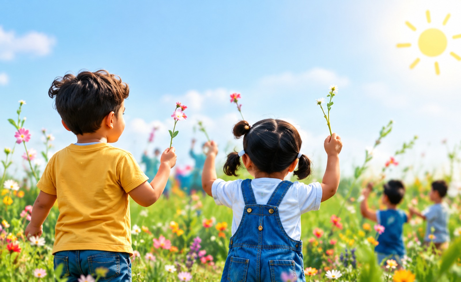 Children holding flowers in a sunny meadow