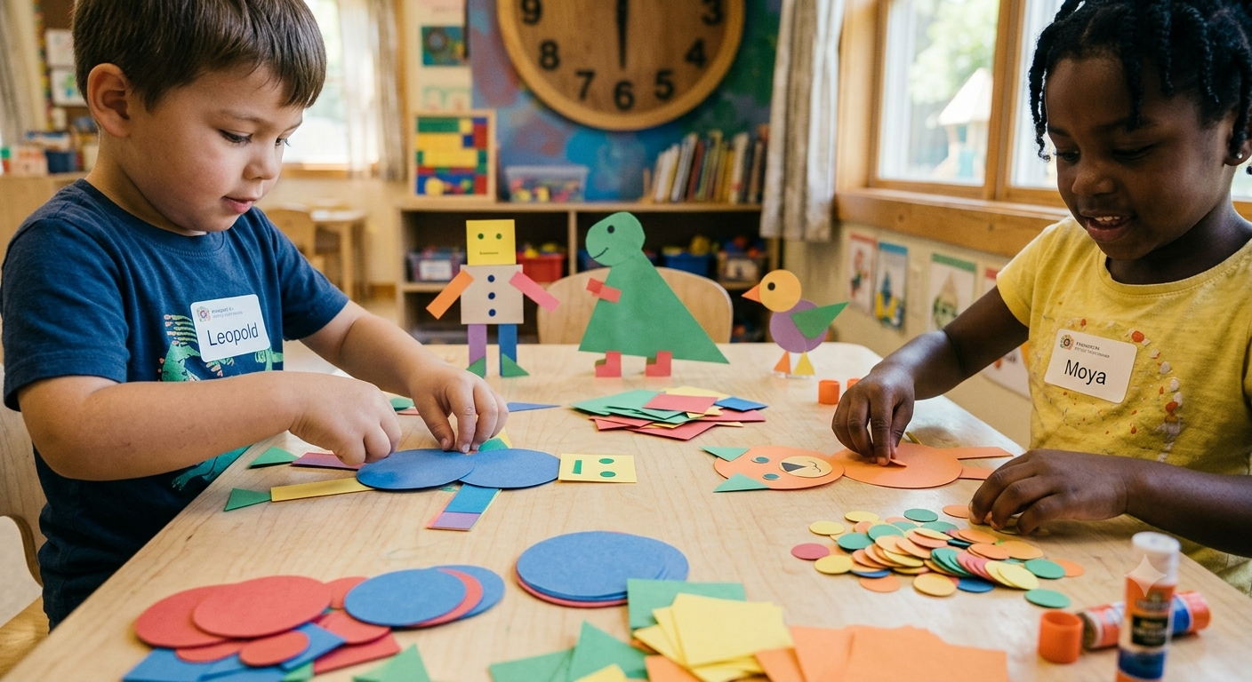 Children arranging paper circles, rectangles, and triangles into animals and robots