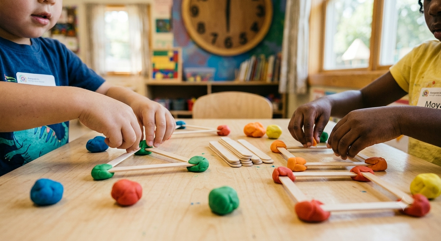 Small hands building triangles and squares with craft sticks and playdough