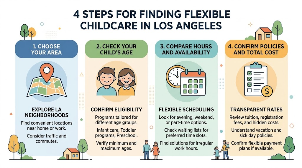 Infographic showing 4 steps for finding flexible childcare in Los Angeles: choose your area, confirm eligibility, flexible scheduling, and transparent rates