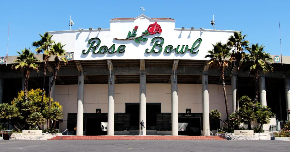 Rose Bowl Stadium entrance in Pasadena under a clear blue sky