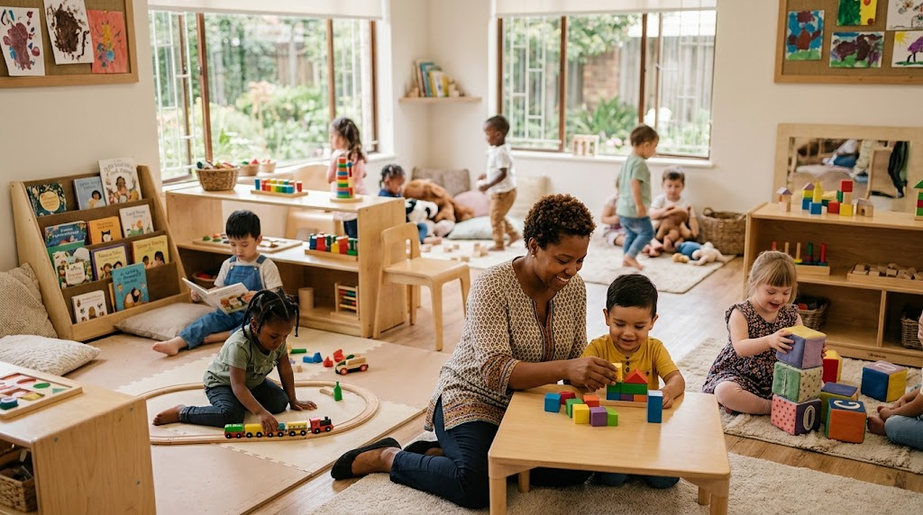 Teacher supporting children during playtime in a bright inclusive preschool classroom
