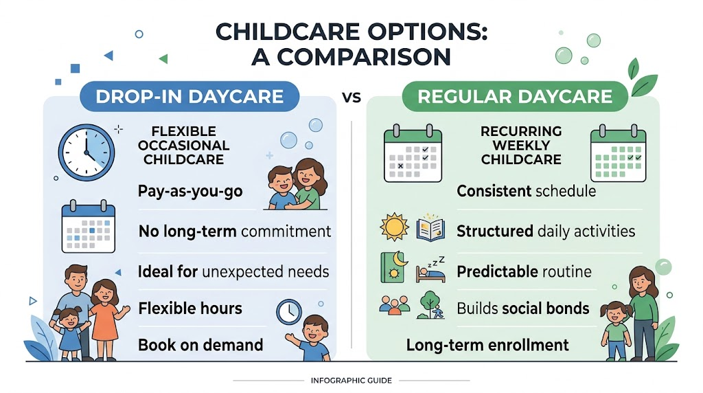 Infographic comparing drop-in daycare and regular daycare for Los Angeles families