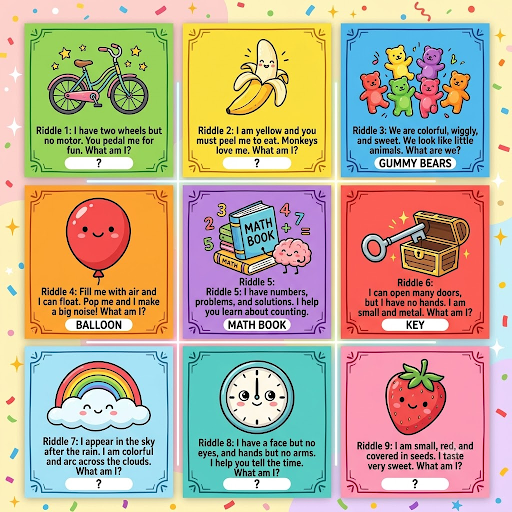 Colorful illustrated grid of funny riddles for kids with playful cartoon icons