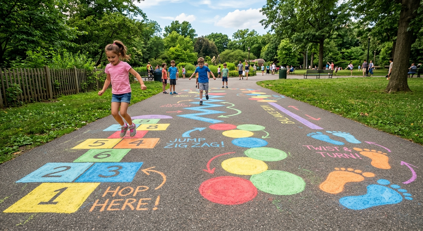 Outdoor chalk path featuring large shapes for hopping and movement