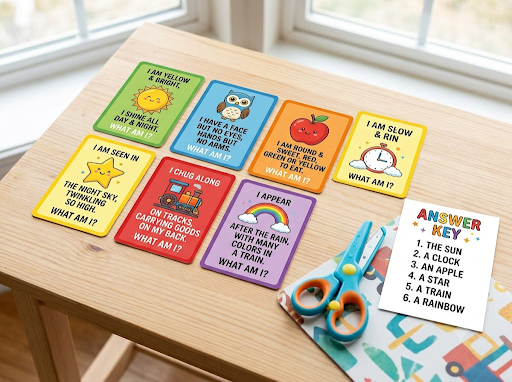 Colorful printable riddle cards for kids with scissors on a wooden table