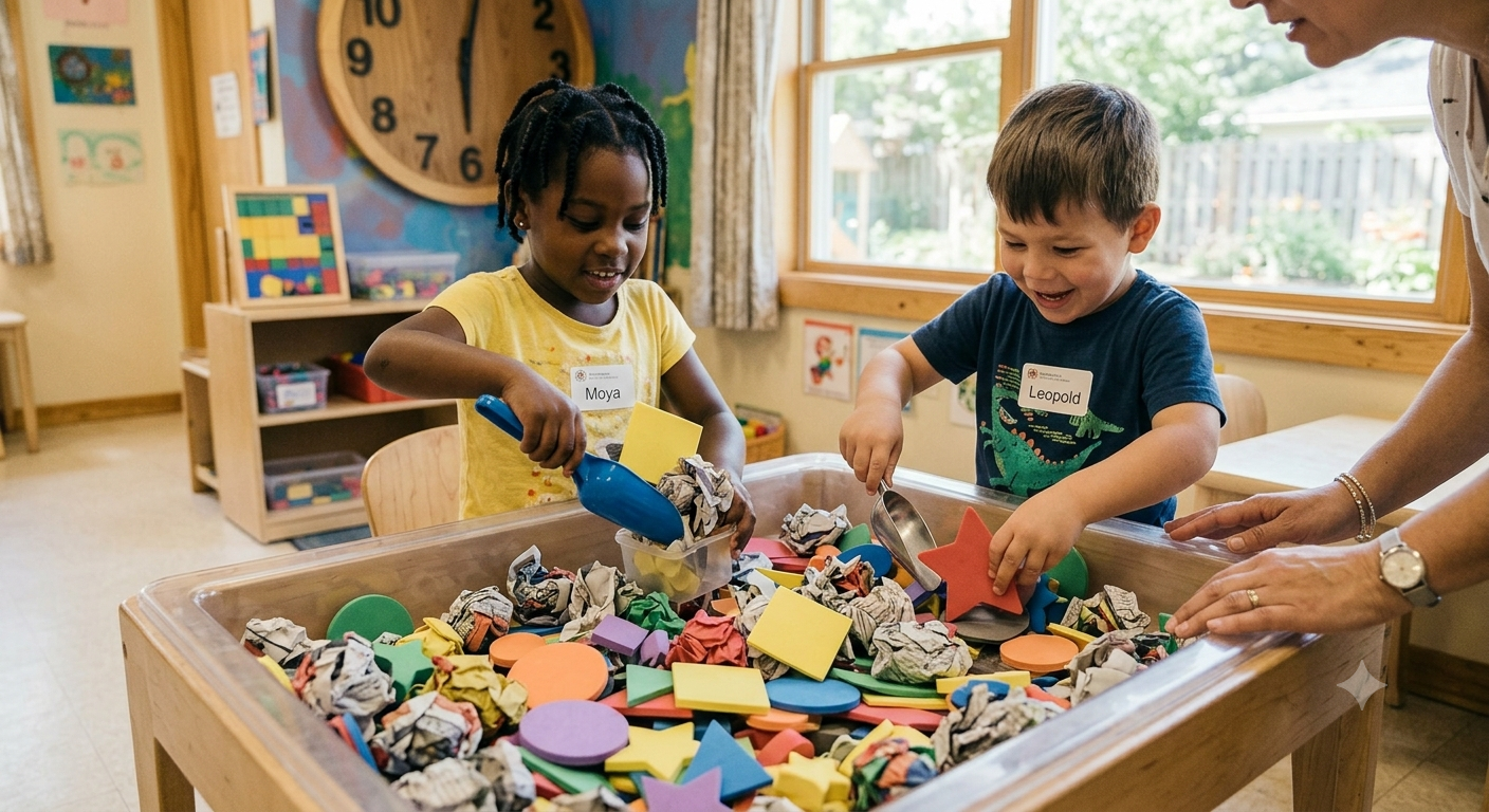 Supervised sensory tray with large foam shapes, scoops, and crumpled paper
