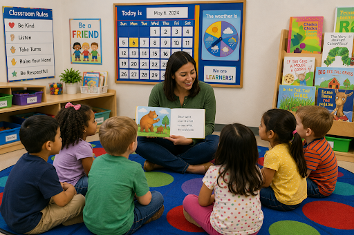 Teacher reading a picture book to young children during classroom storytime