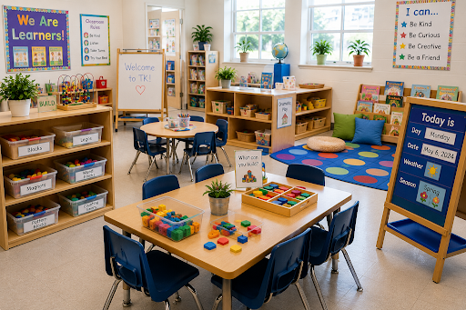 Bright transitional kindergarten classroom with building blocks and Welcome to TK sign